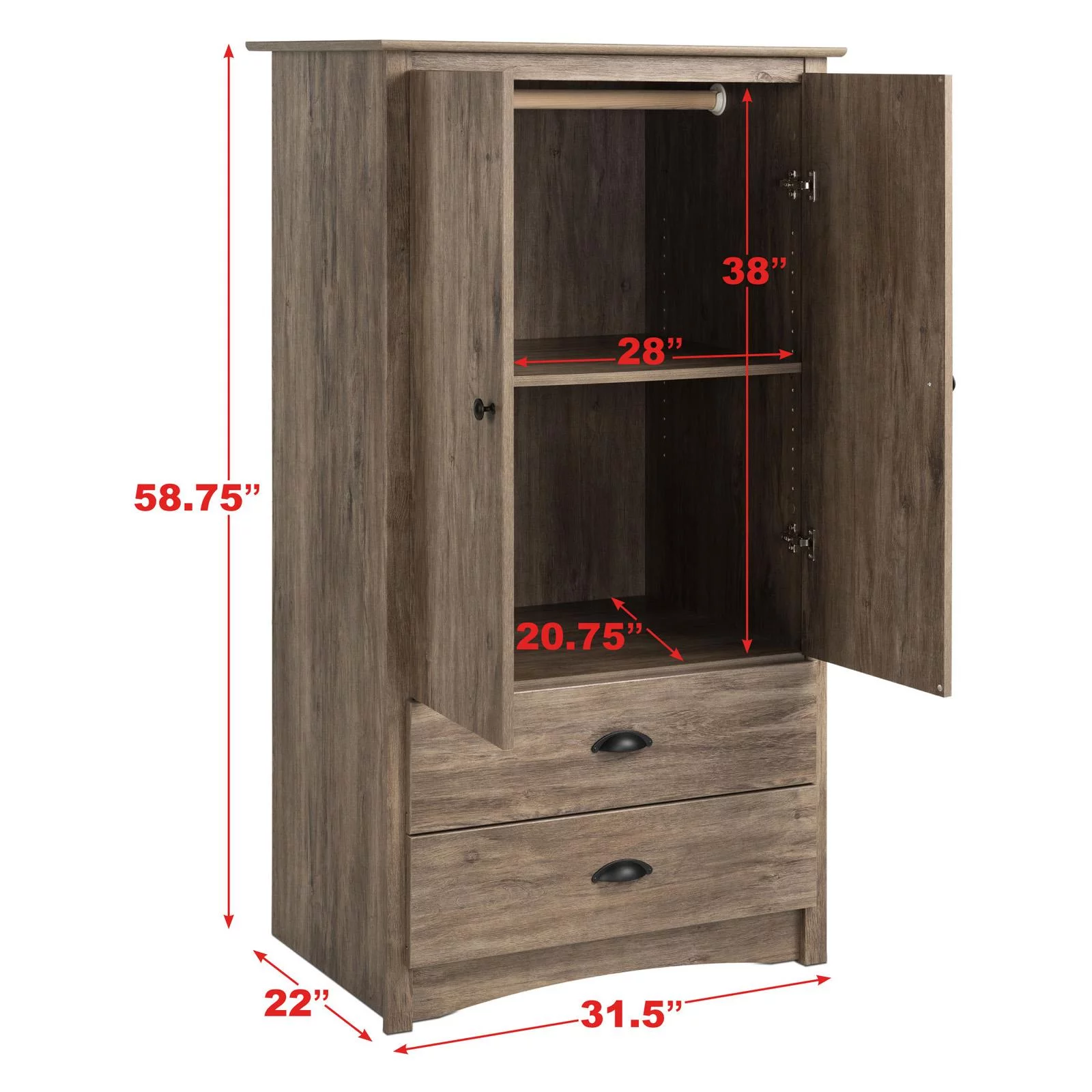 Prepac Salt Spring Wooden 2 Door Bedroom Armoire in Drifted Gray