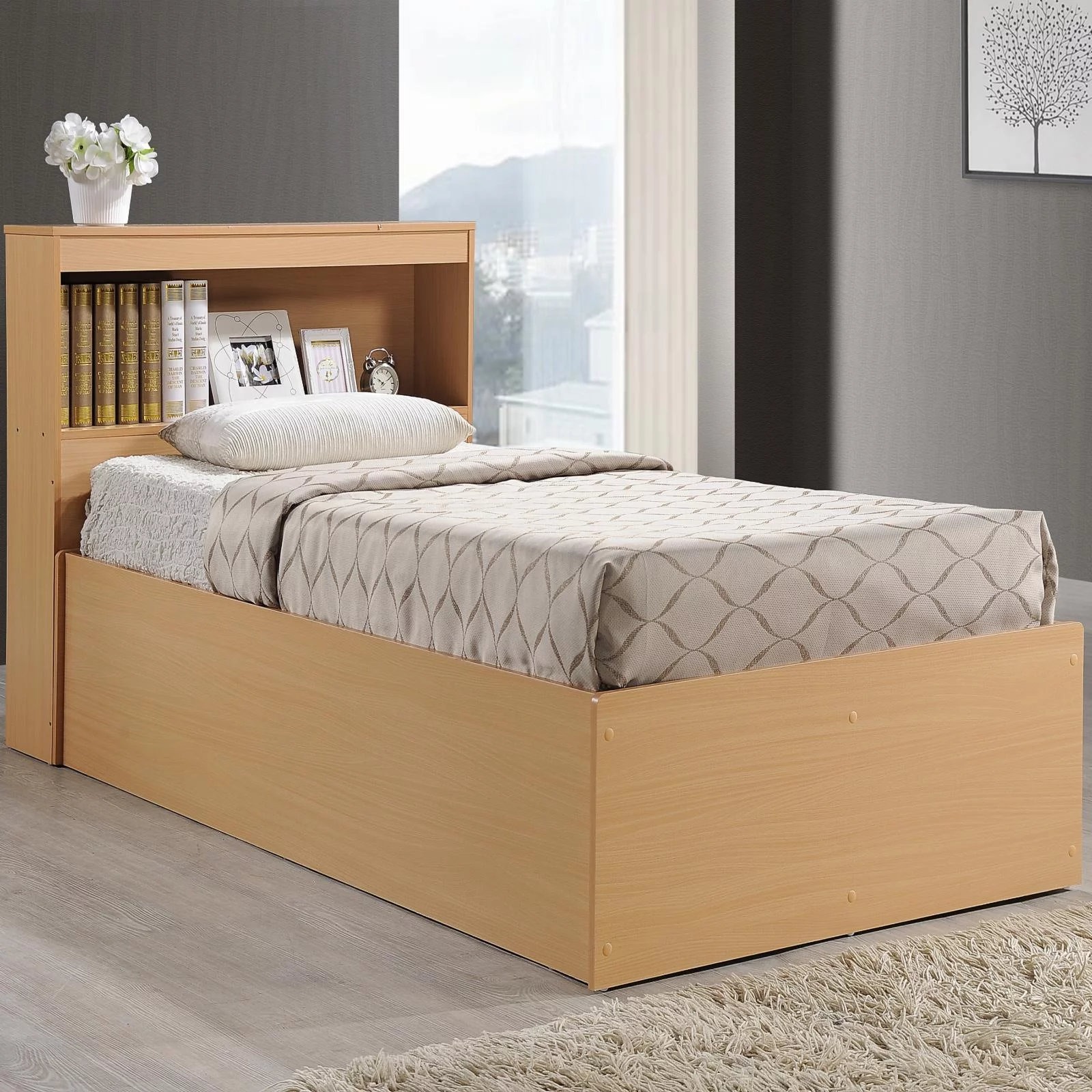 Hodedah Twin Size Captain Bed with 3 Drawers and Headboard in Black Wood