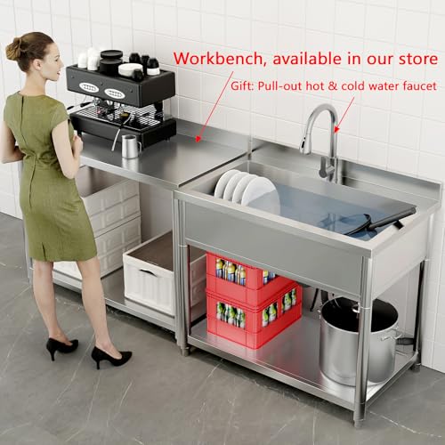Stainless Steel Utility Sink, Large Freestanding Laundry Sink with Pull-out Faucet for Kitchen, Bathroom, Laundry Room, Garage, Outdoor/Indoor Use