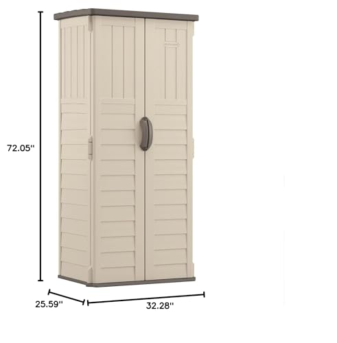 Suncast Vertical Outdoor Storage Shed with Reinforced Floor, Lockable Double Doors, All-Weather Construction, and Multi-Wall Panels, Vanilla