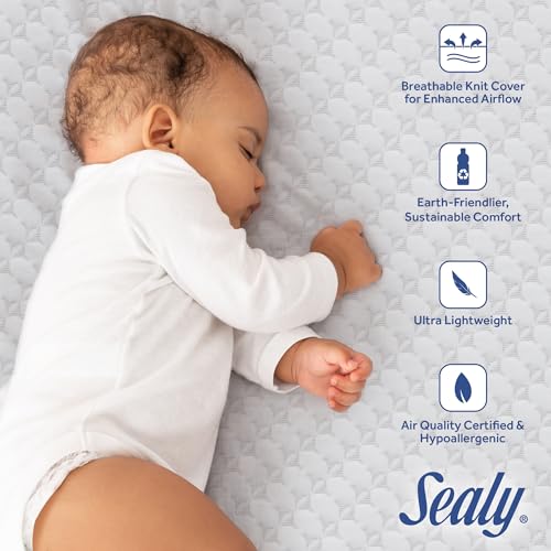 SEALY BABY OmniPedic Refresh Breathable Crib Mattress, GREENGUARD Gold Certified, Made in USA, Removable Knit Cover, 2 Stage, Toddler Bed Fit