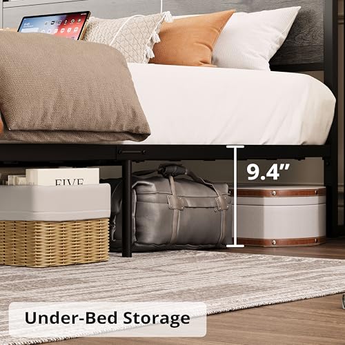 LIKIMIO King Bed Frame with Storage Headboard, Platform Bed with Drawers and Charging Station, No Box Spring Needed, Easy Assembly, Vintage Brown