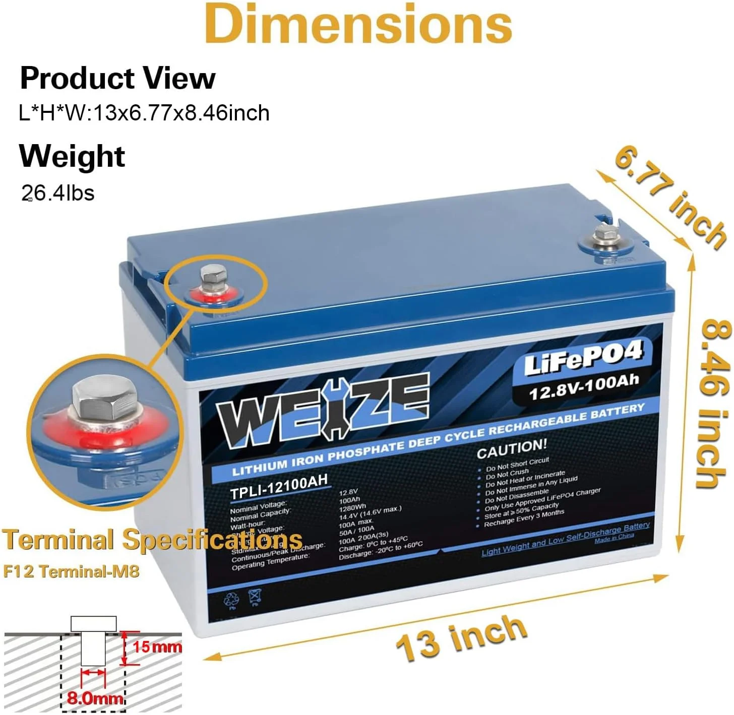 1Autodepot 12V 100Ah LiFePO4 Lithium Battery, Up to 8000 Cycles, Built-in Smart BMS, Perfect for RV, Solar, Marine, Overland/Van