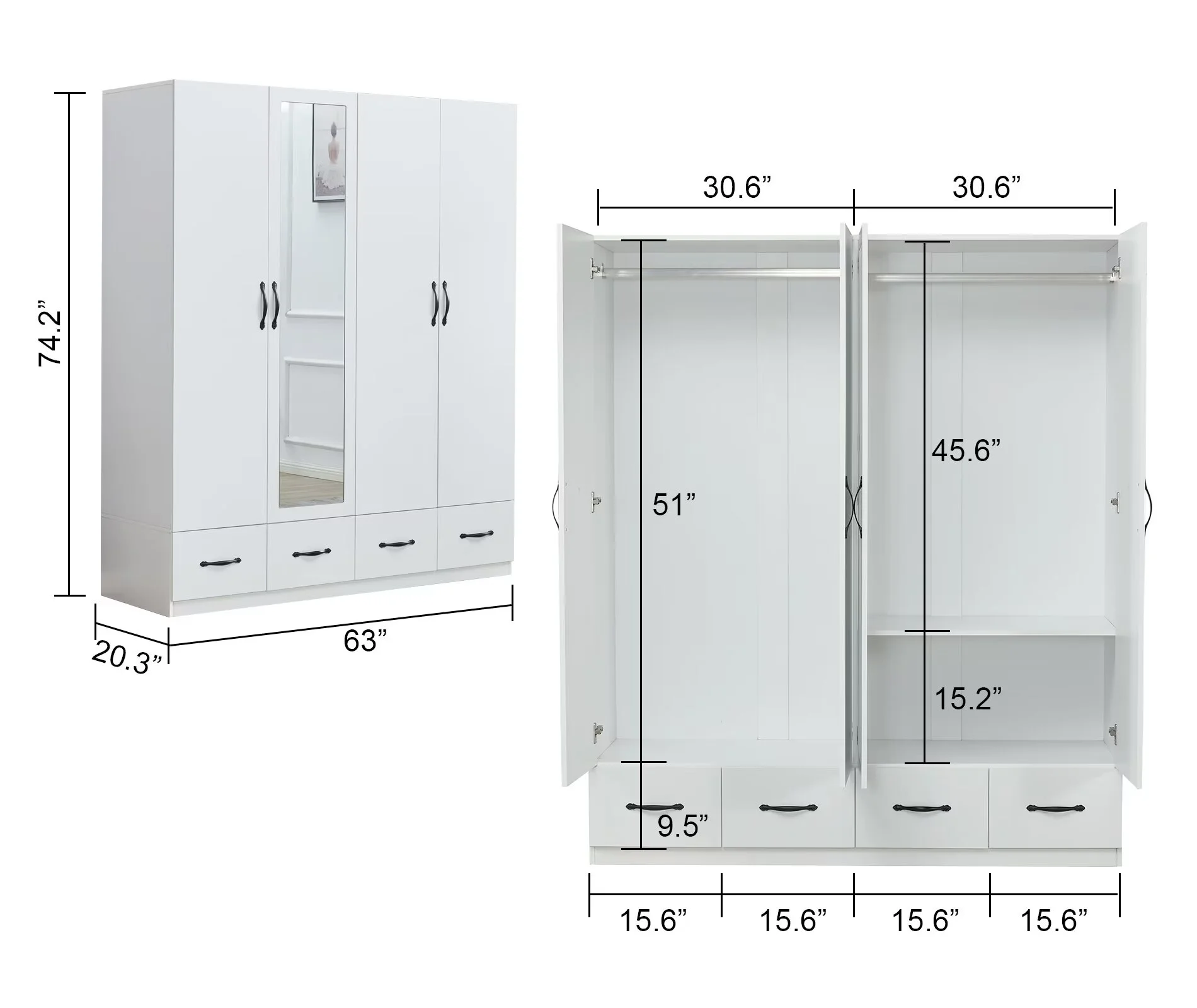ModMakers 4-Door Wardrobe Armoire Closet | Wardrobe Storage Wood Armoire Wardrobe Cabinet w/ Mirror, 2 Hanging Rods & 4 Drawers, White