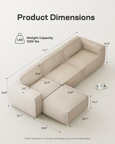 Marsail 142" Oversized Deep U Shaped Modular Sofa, Corduroy Cloud Couches with Deep Seats and High-Back Design