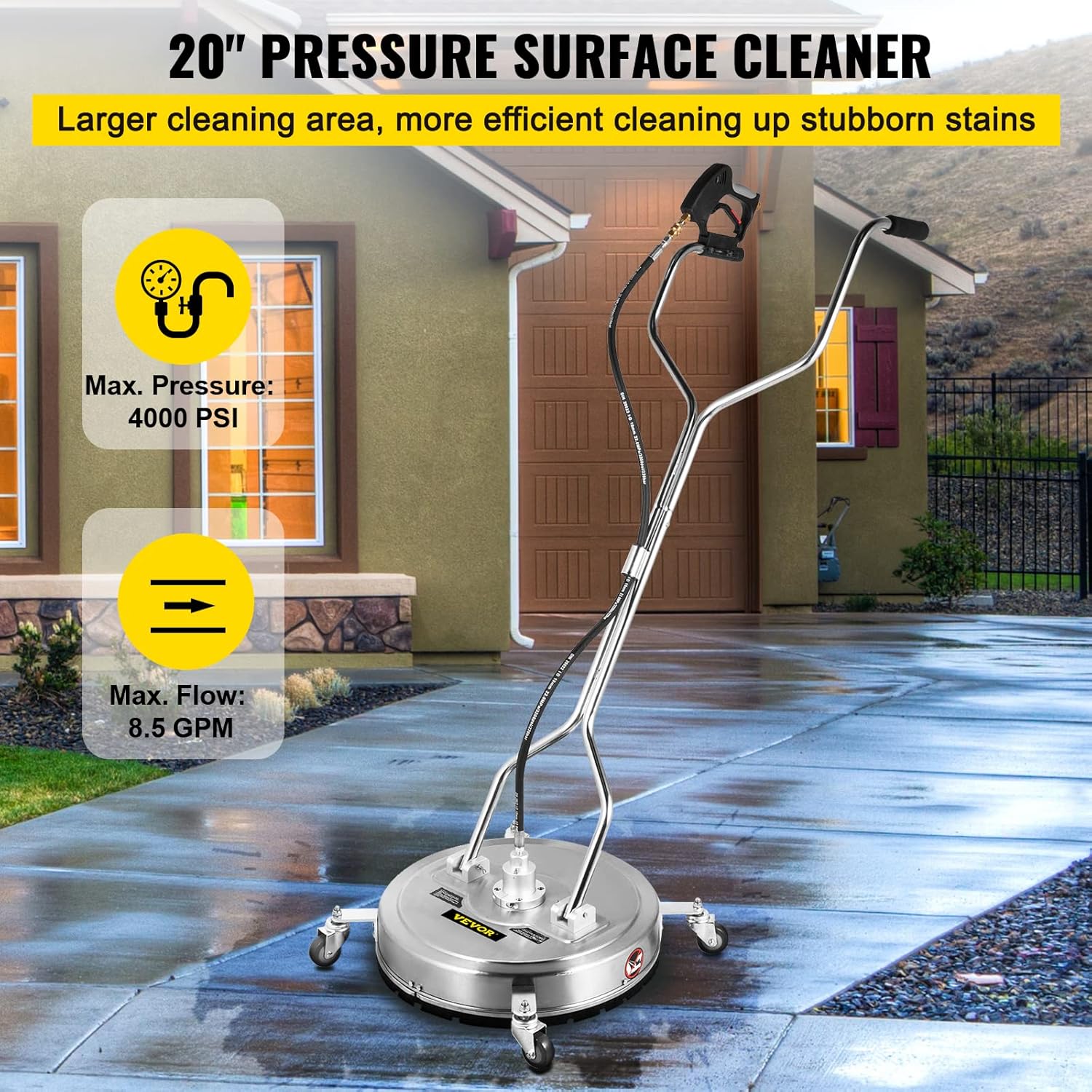 VEVOR Pressure Surface Cleaner, 18", 4000 PSI High-Pressure Washer with 1/4" Quick Connector, Dual Rotary Arms, and Castors
