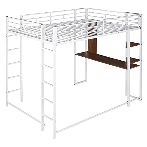 Metal Loft Bed with Wardrobe and L-Shaped Desk, Full Size Loft Bed with Storage Cubes and Shelves, Heavy Duty Loft Bed for Kids Teens, White