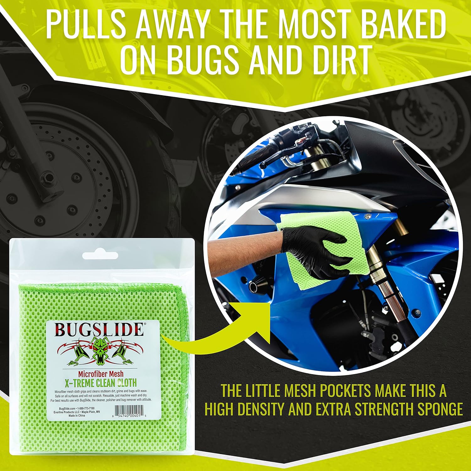 BugSlide Microfiber Mesh X-Treme Cleaning Cloth, Cleans and Polishes all Car & Motorcycle Surfaces without Scratching
