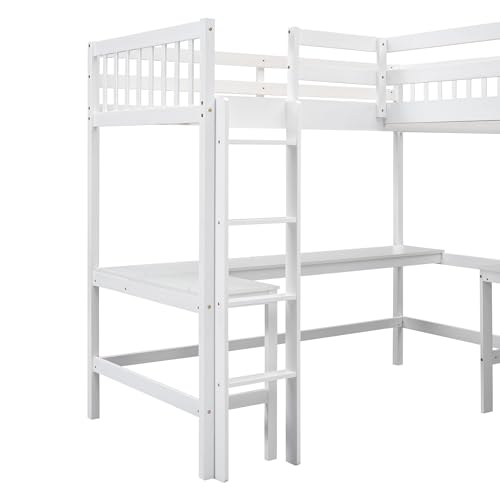 L-Shaped Loft Bed, Wood Twin Size Loft Bed with Desk, L Shaped Beds with Ladder & 2 L-Shaped Desks, Corner Twin Beds for Teens, Adults