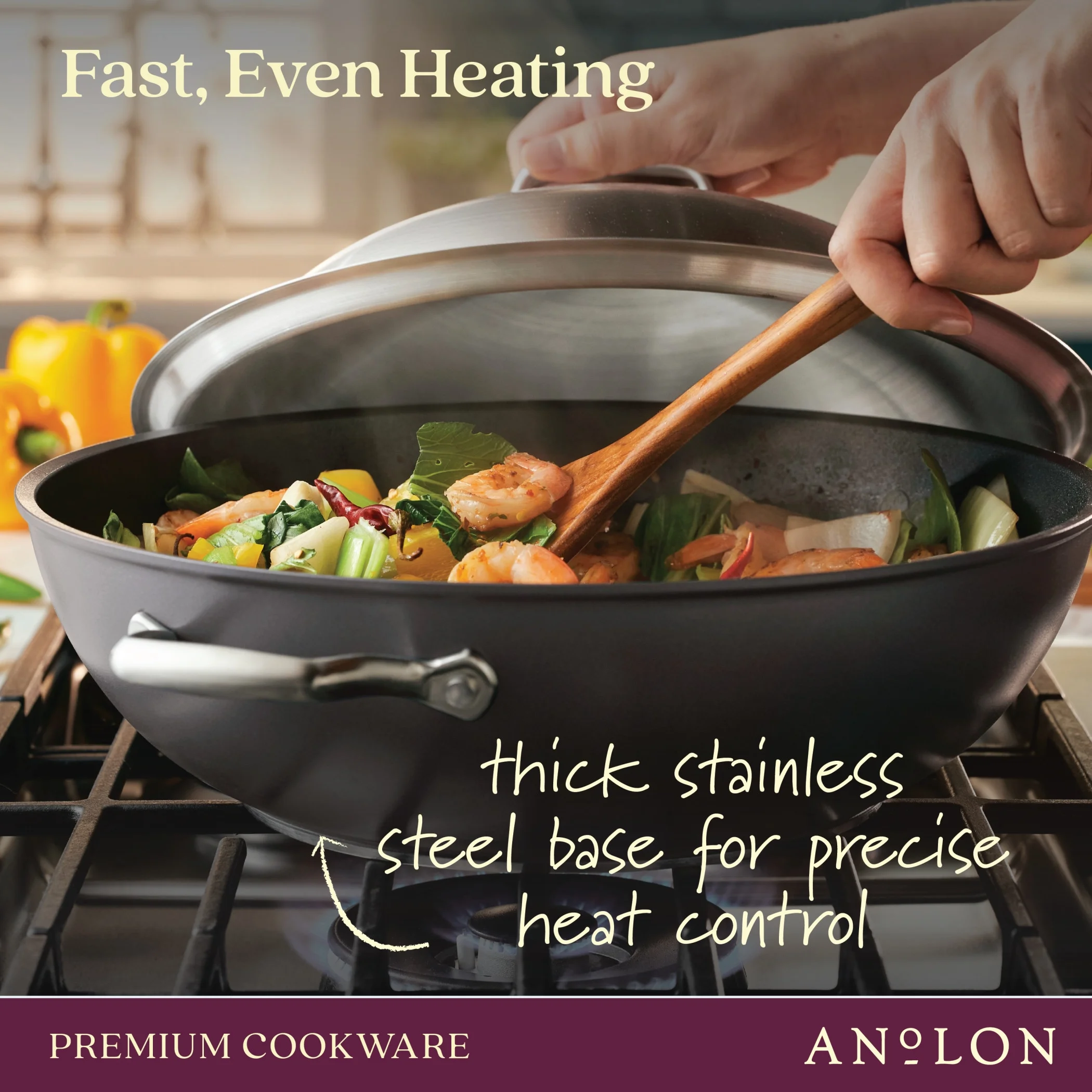Anolon Accolade Forged Hard-Anodized Nonstick Wok with Lid, 13.5-Inch, Moonstone