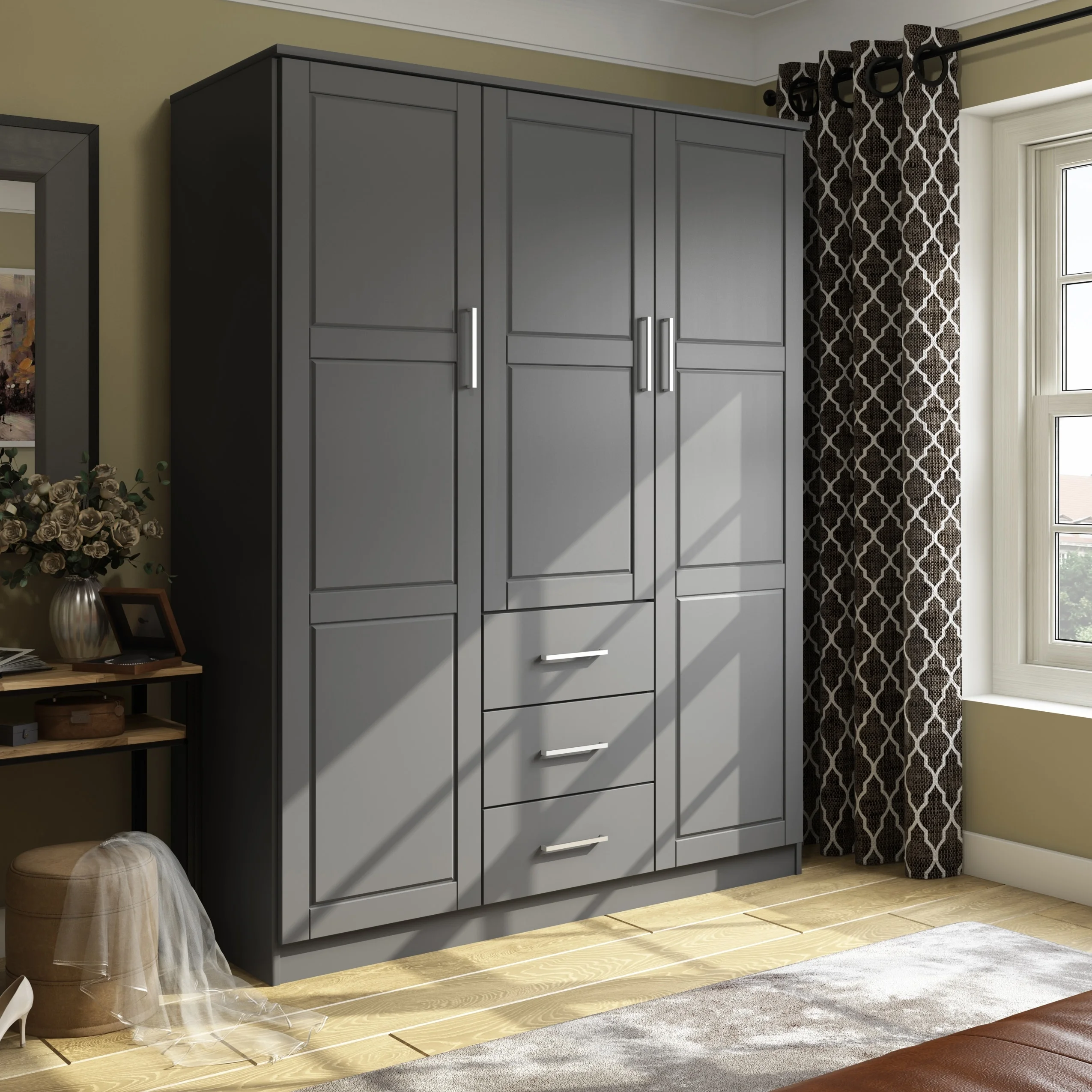 Palace Imports, Inc. Palace Imports 100% Solid Wood Cosmo 3-Door Wardrobe Armoire with Solid Wood or Mirrored Doors Grey-Raised Panel