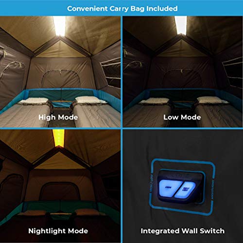 CORE Instant Cabin Tents with LED Lights | 6 Person / 9 Person / 12 Person Family Multi Room Lighted Pop Up Tents for Camping | Included Storage