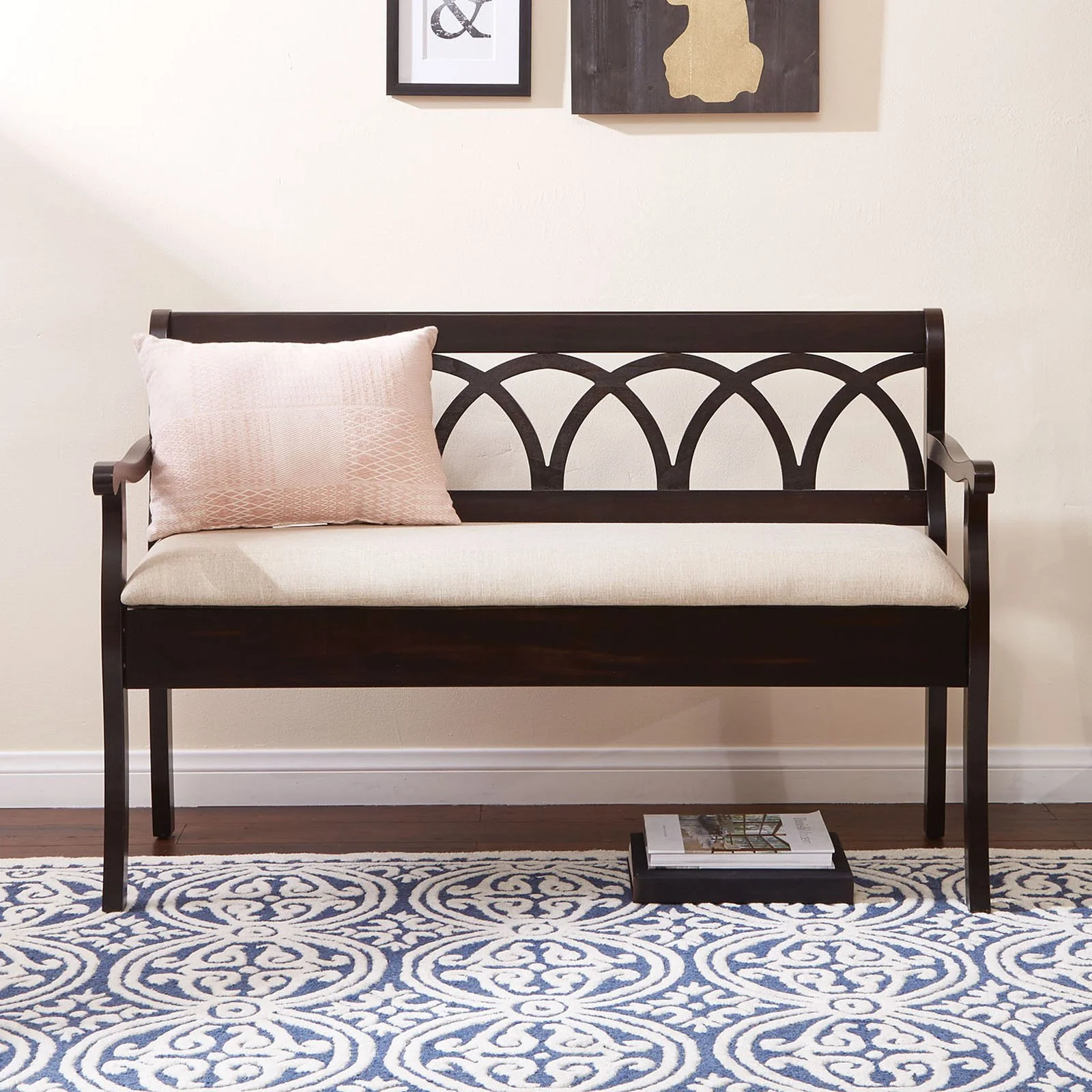 OSP Home Furnishings Coventry Storage Bench in Antique Black Frame and Beige Seat Cushion K/D