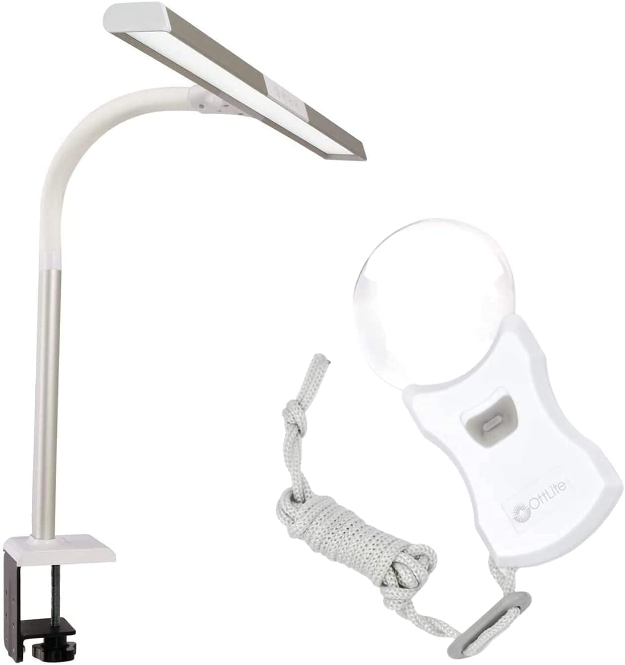 OttLite LED Extra Wide Area Clamp Lamp and Rimless Pendant LED Magnifier - 5 Brightness Settings, Wearable Magnifying Glass