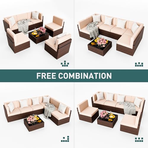 Pamapic Patio Furniture Set, 7 Pieces Modular Outdoor Sectional,Wicker Patio Sectional Sofa Conversation Set