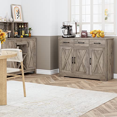 HOSTACK Modern Farmhouse Sideboard Buffet Cabinet, Barn Doors Buffet Storage Cabinet with Drawers and Shelves