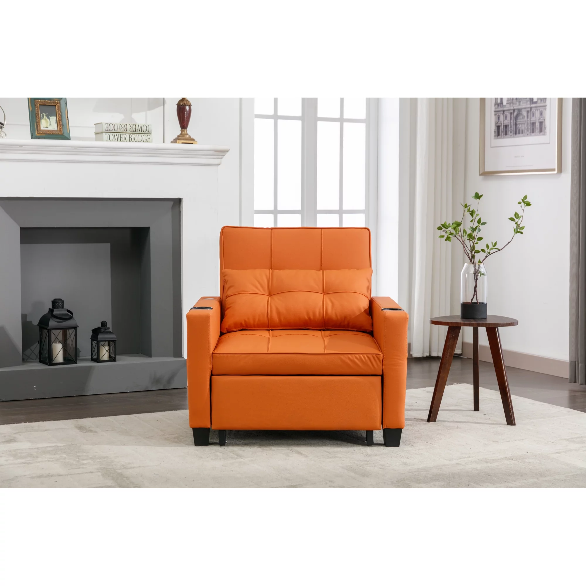 Futon Chair Bed Convertible Chair 3-in-1 Pull Out Sleeper Chair Beds with USB Ports, Armchair Bed Sleeper for Living Room (Orange Leather)