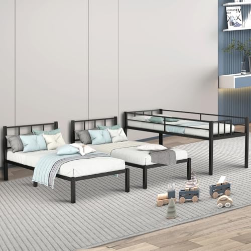 Twin Triple Bunk Bed, Heavy Duty Metal Bunk Bed with Guardrails, Ladder, Detachable Into 3 Twin Beds for Kids, Teens and Adults, Space-Saving Design