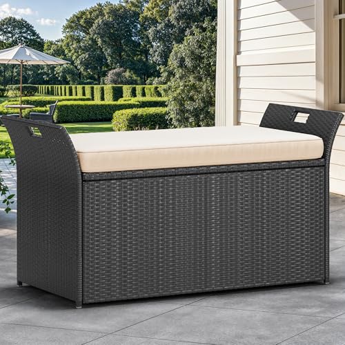 YITAHOME 90 Gallon Outdoor Wicker Storage Bench w/Cushion, Large PE Rattan Deck Storage Box w/Handles & Hydraulics for Patio Furniture, Cushions