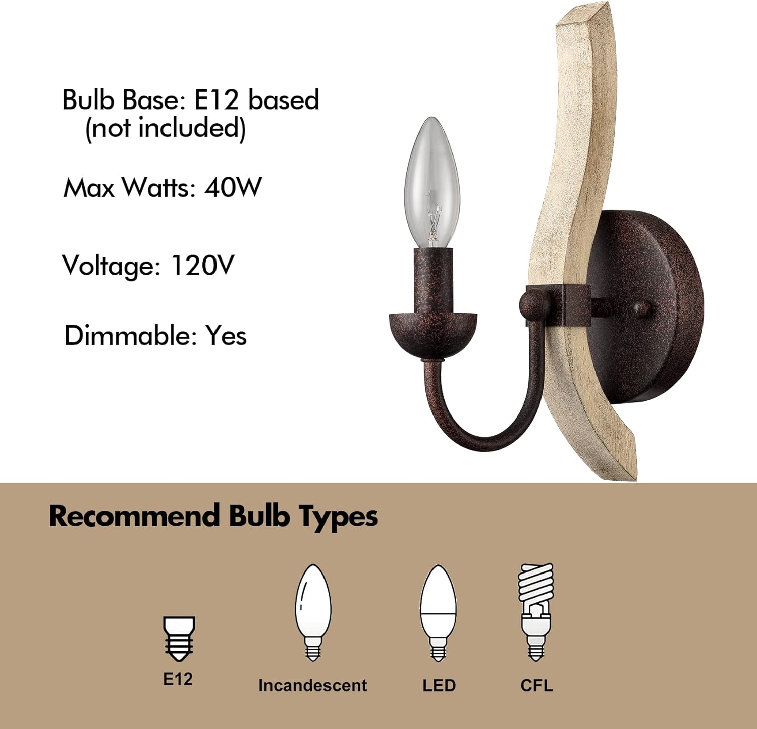 YUBOLE Farmhouse Wooden Wall Sconces Rustic Metal Candle Wall Light Fixture Set of Two