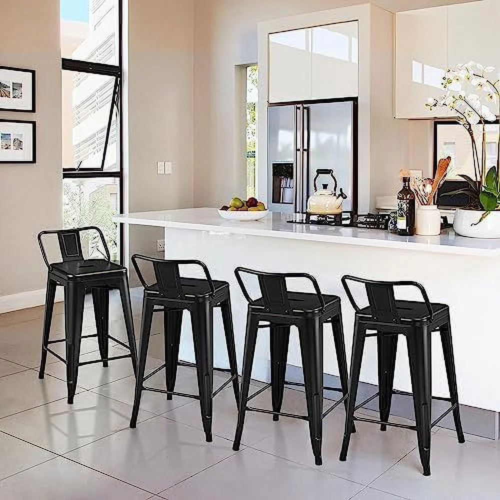 NLTBONNIE 26 inch Metal  Stools Set of 4 Counter Height Barstools with Low Back Indoor Outdoor Kitchen Stools Modern Industrial  Chairs Matte Black