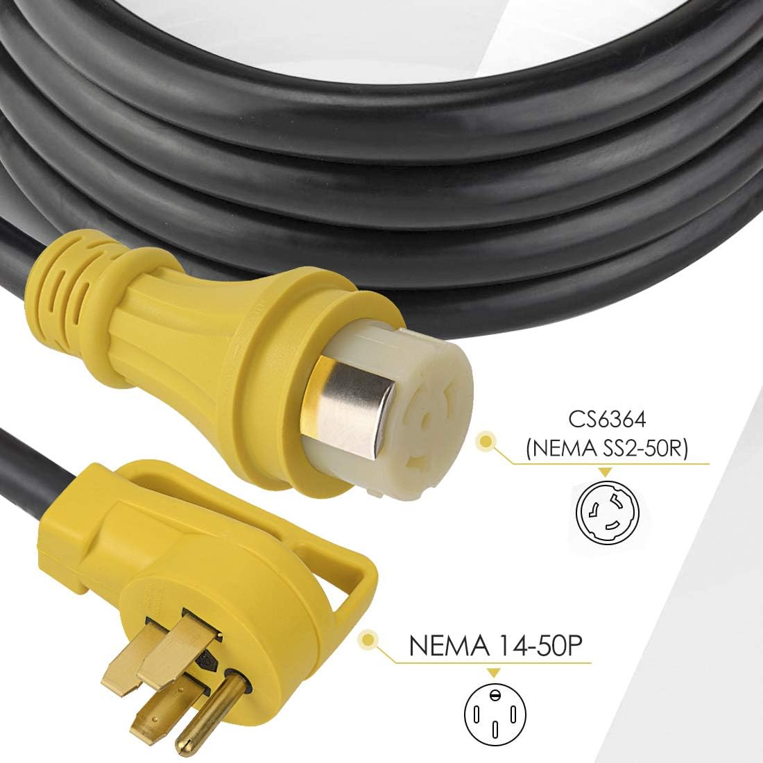 25Ft 50Amp STW Heavy Duty RV Extension Cord,14-50P Male and SS2-50R Twist-Locking Female，125V/250V for RV Trailer, Camper, Motorhome