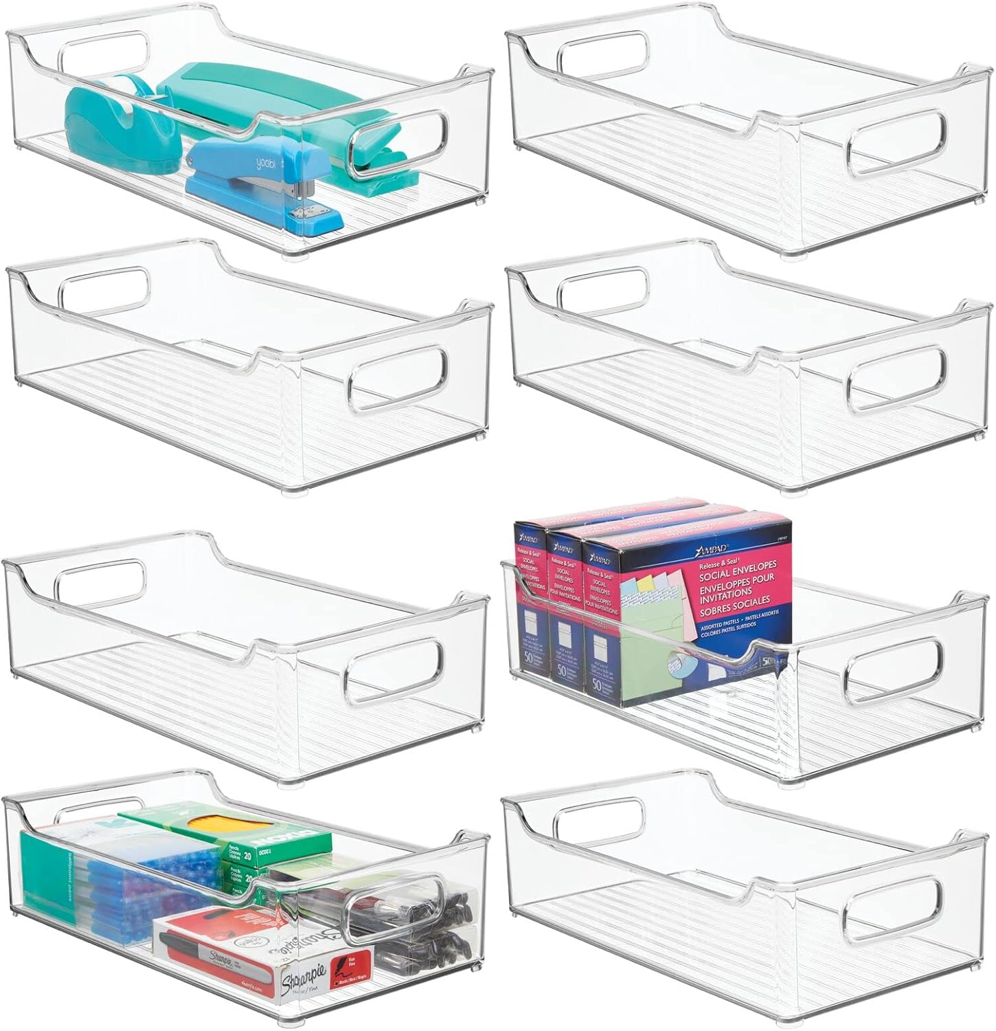 mDesign Plastic Rectangular Stackable Long Storage Container, Side Dip Organizer Bin w/Handles for Office, Filing Cabinet, Shelf, Desk