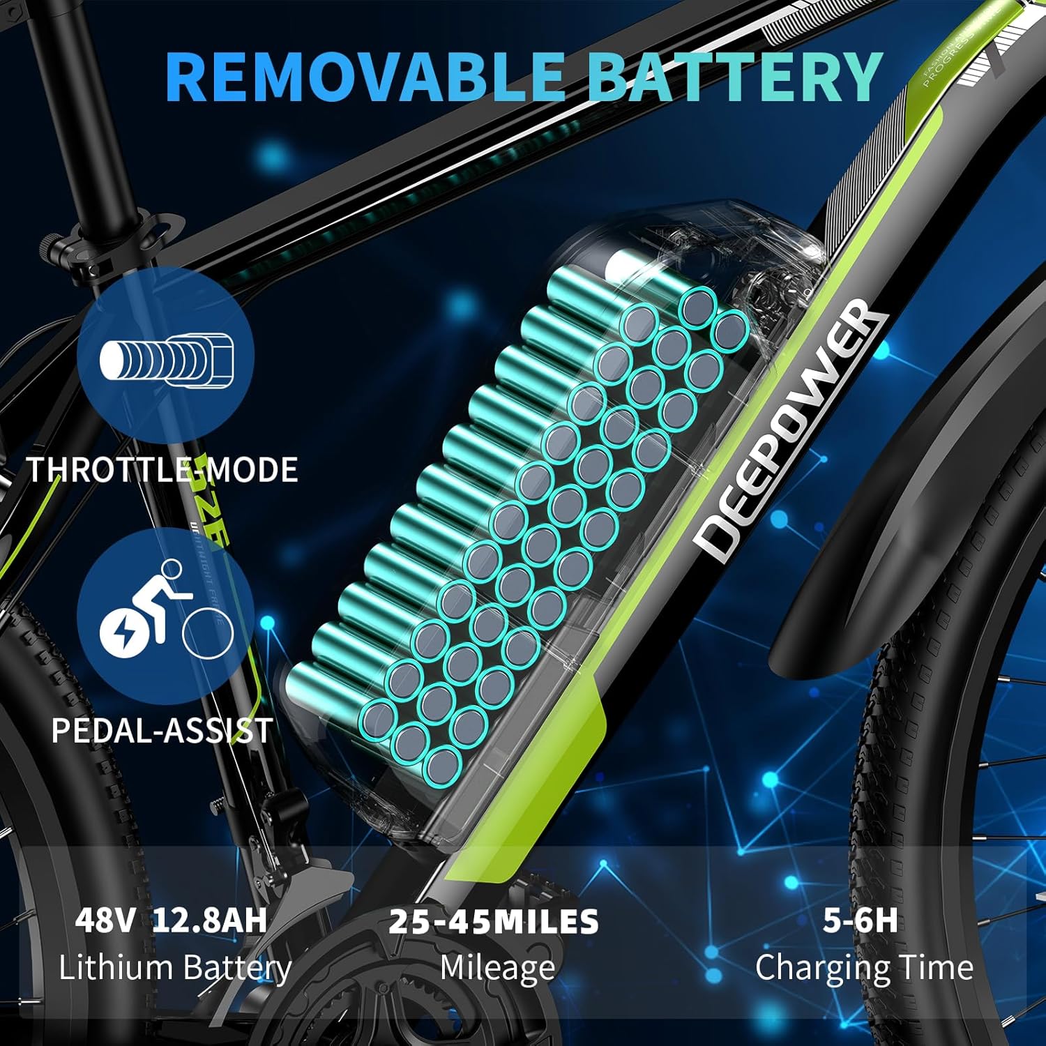 DEEPOWER S26 Electric Bike for Adult 500W Ebike 26" Mountain Electric Bicycle 48V 12.8Ah Battery 25-45Miles 25MPH Electric Bicycles 21-Speed Front