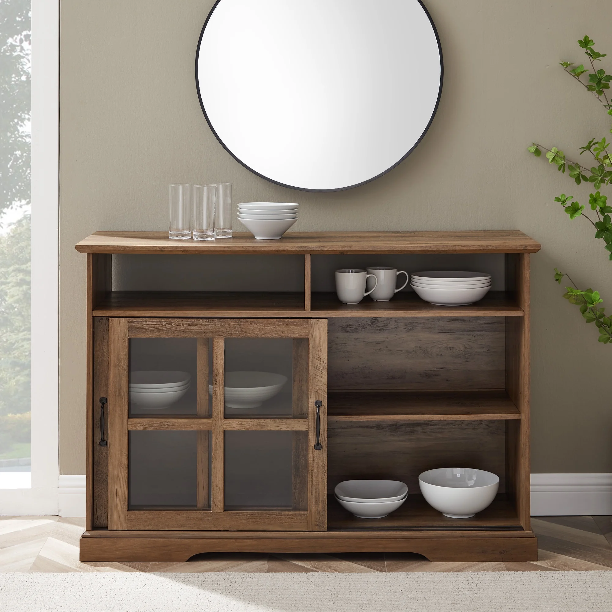 Walker Edison Farmhouse Sliding Glass Door TV Stand, Barnwood