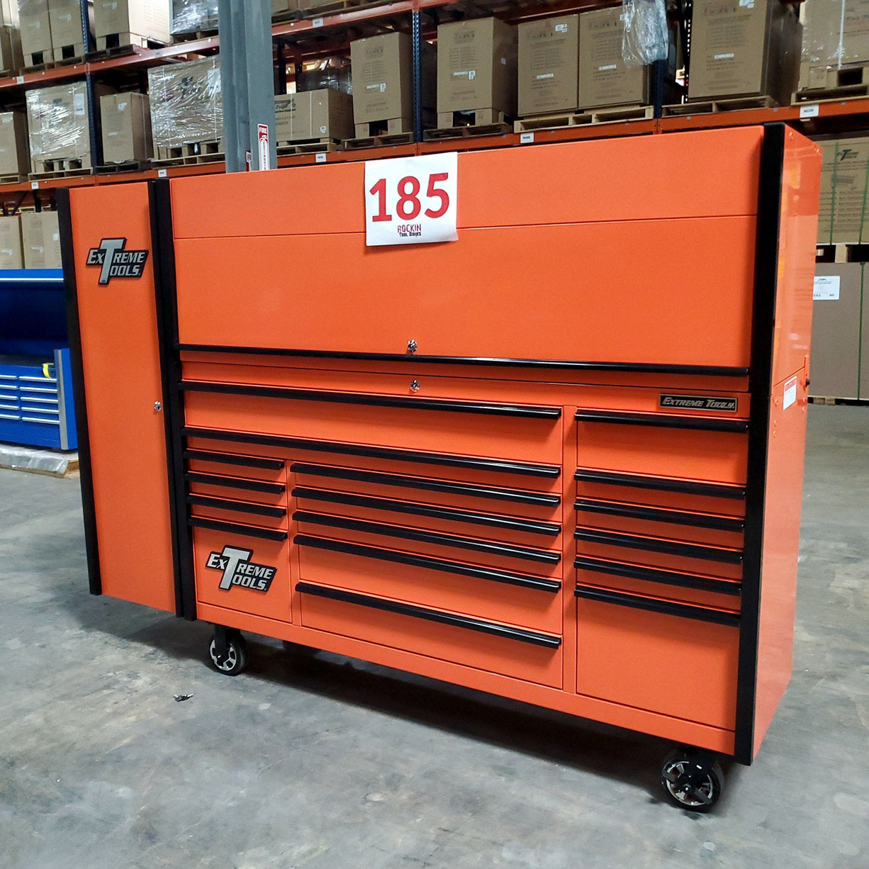 used toolboxScratch & Dent, Extreme Tools DX Series 72 x 21 Triple Bank Roller, Hutch & Side Locker Combo in Orange with Black