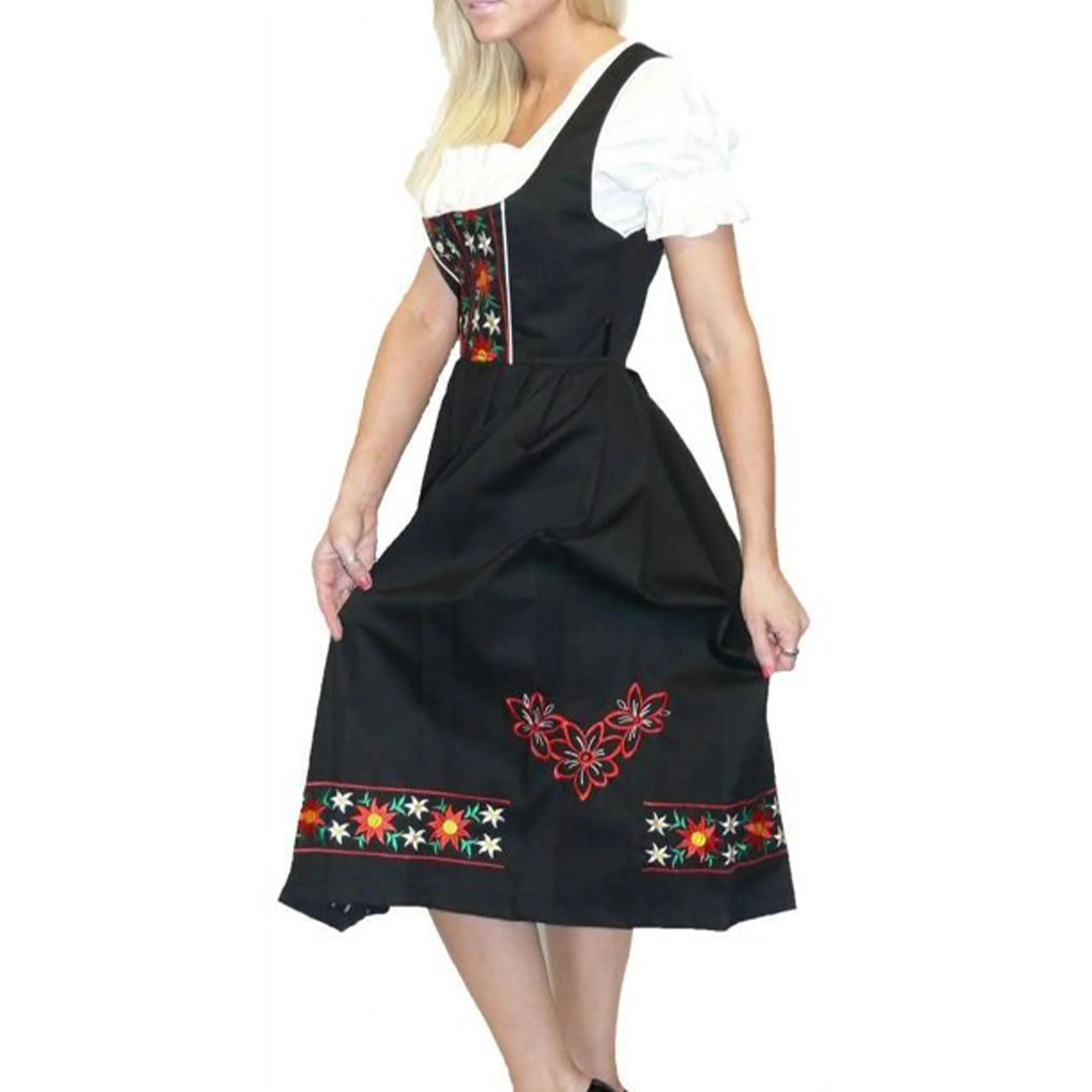 Dirndl Trachten Haus 3 Piece Long German Oktoberfest Dirndl Cotton Dress for Womens and Girls - Black