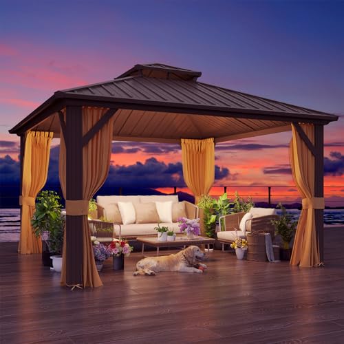 YOLENY 10' x 12' Hardtop Gazebo, Metal Gazebo with Aluminum Frame, Double Galvanized Steel Roof, Curtains and Netting Included