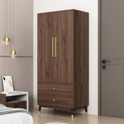 Homsee Wardrobe Armoire with 2 Doors, 2 Drawers, Hanging Rod & 2 Compartments, Wooden Closet Storage Cabinet with Gold Handles for Bedroom