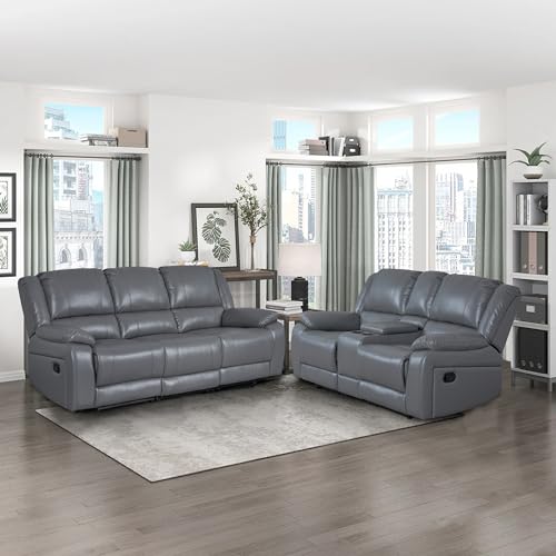 Manual Recliner Sofa Set,Faux Leather Couch Set,Console & Cup Holders,Living Room/Office/Theater Seating (Black Sofa Set (3+2))
