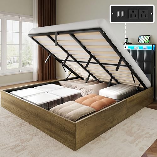 YITAHOME Queen Size Lift Up Bed with Charging Station & RGB LED Lights, PU Leather Upholstered Platform Storage Bookcase Headboard Bed
