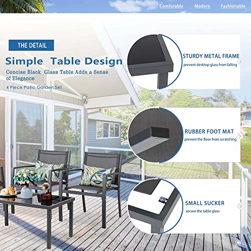 Vongrasig 4 Pieces Patio Furniture Sets,Outdoor Patio Conversation Sets with Glass Coffee Table, Small Porch Balcony Furniture
