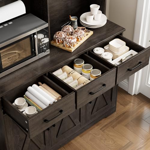 HOSTACK Buffet Cabinet with Hutch, Modern Farmhouse Kitchen Buffet Sideboard Storage Cabinet with 3 Drawers, Barn Door Coffee Bar Station