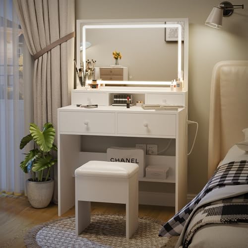 Haewon Vanity Desk with Lighted Mirror and Charging Station, Makeup Vanity Table Set with 4 Drawers and Storage Chair