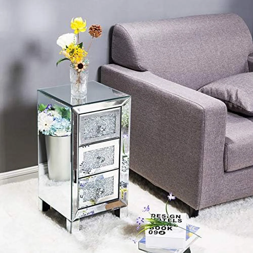 RUNFAYBIU Elegant Mirrored 3-Drawer Dresser with  Front Modern Silver Finish Bedroom Nightstand Stylish  Drawer Chest Organizer for Bedroom Living