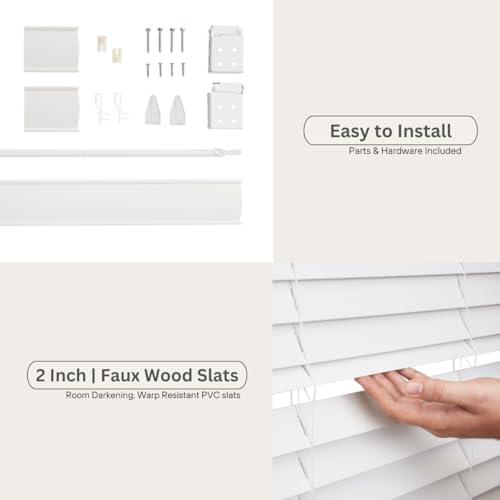 LOTUS & WINDOWARE Cordless Faux Wood Blinds, 70" Wide x 72" Long, Smooth, Snow White, 2 Inch Horizontal blinds – for Living Room, Bedroom