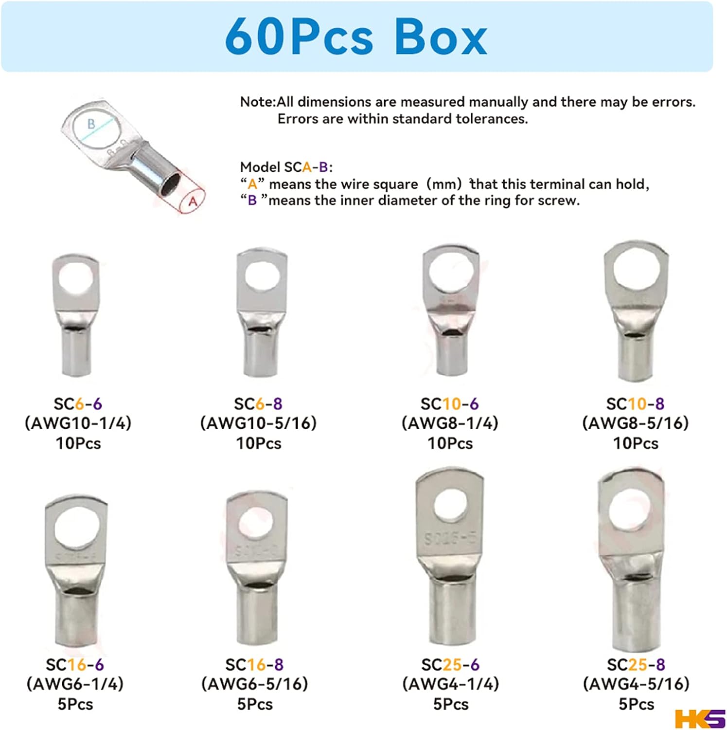 HKS Battery Cable Lug Crimping Tool 10-1 AWG with 60Pcs Copper Ring Terminals 8 Sizes Cable Lugs Set