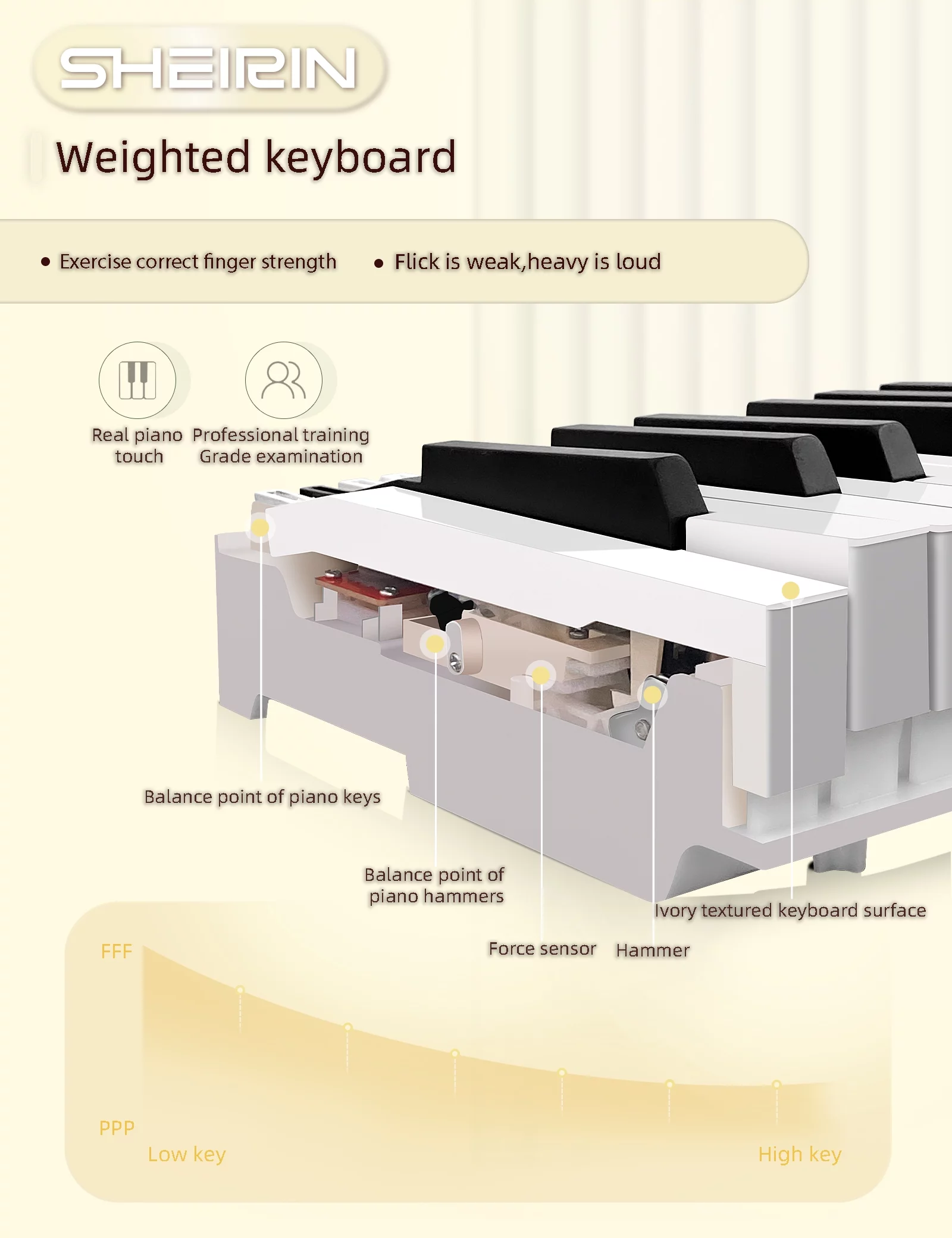 SHEIRIN Digital Piano 88 Key Weighted Stand Cover Hammer Electric Keyboard Pedal Beginner SR-CH80(Beige Color) - Radiant Selections