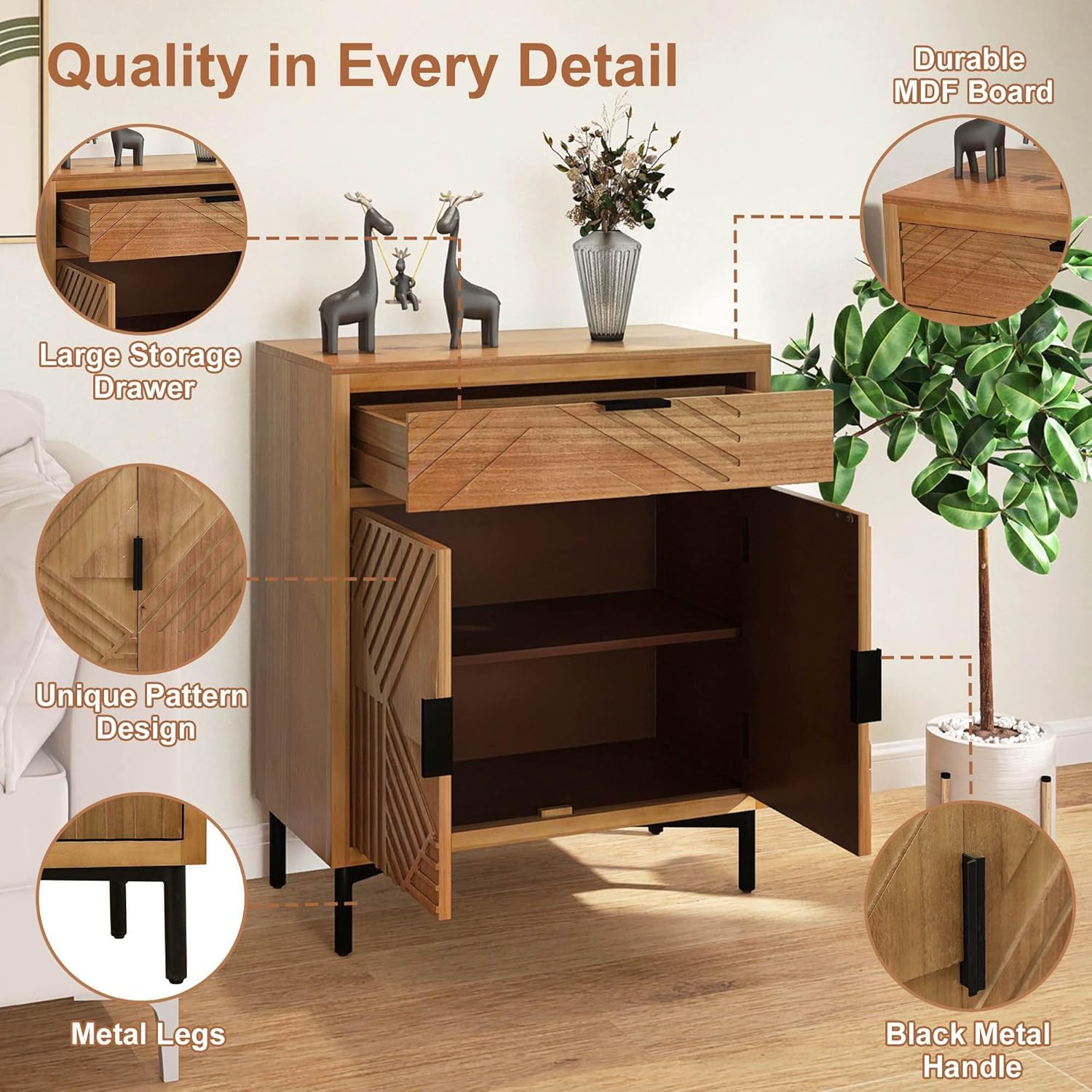 Hand-Carved Sideboard Buffet Cabinet, Storage Cabinet with 1 Drawer and 2-Doors, MDF Buffet Cabinet with Storage