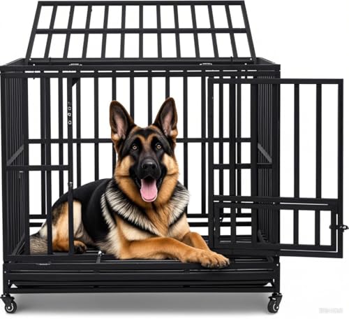 Outvita Heavy Duty Dog Crate,42" Large Metal Wire Dog Kennel, Chew Proof Dog Cage with Lockable Wheels, Plastic Try