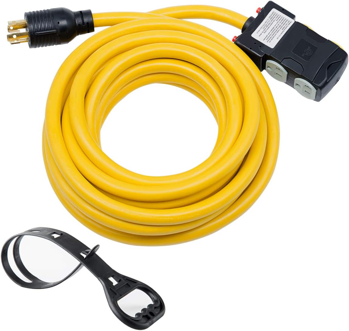 Yodotek 25Ft Generator Cord with Surge Protector Breaker,Heavy Duty Generator Locking Cord,NEMA L14-30P/Four 5-20R,4 Prong 10 Gauge Flexible Cable