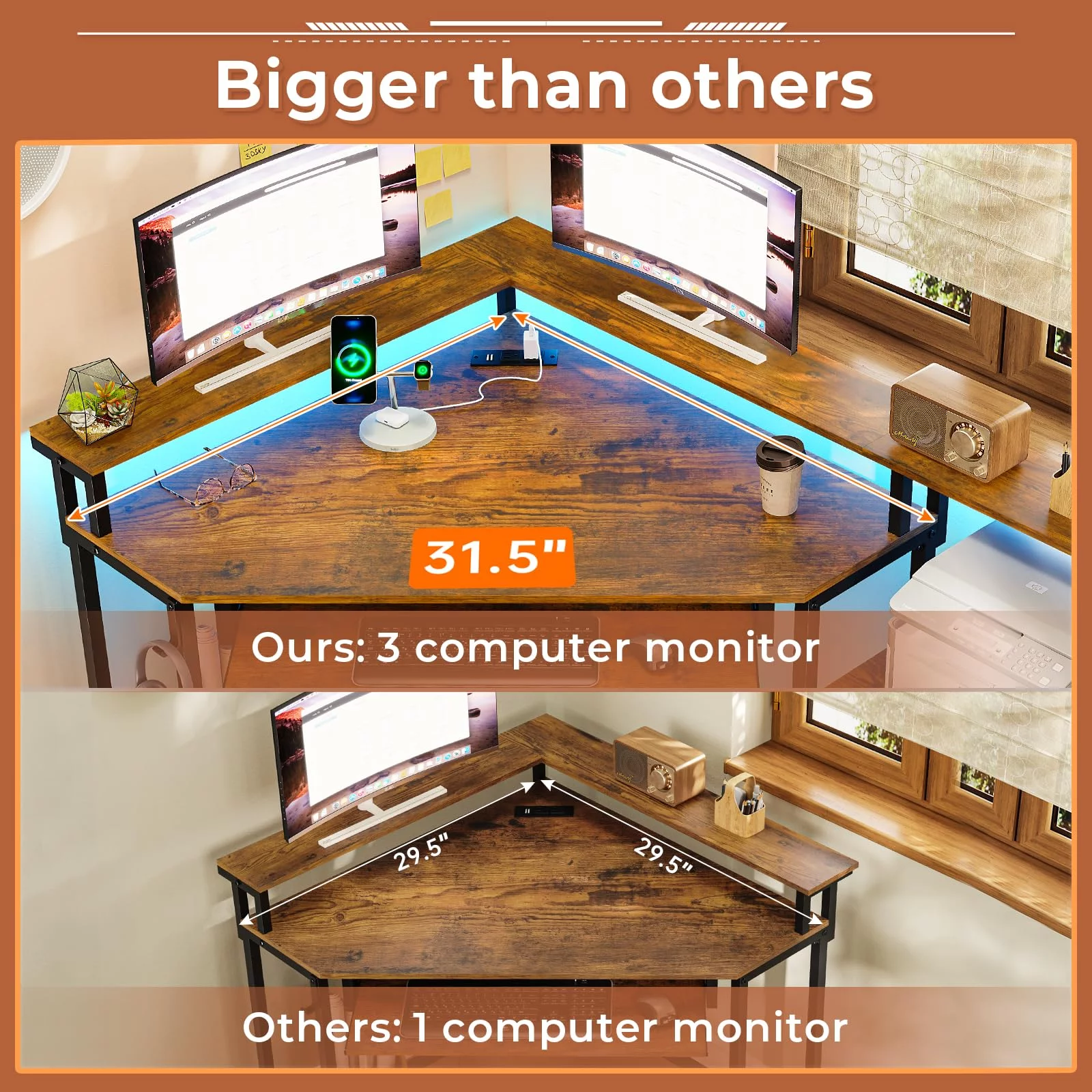 Computer Desk with USB Charging Ports,Corner Desk Gaming Desk with LED Lights, Home Office Desk with Storage for Small Space, Rustic Brown