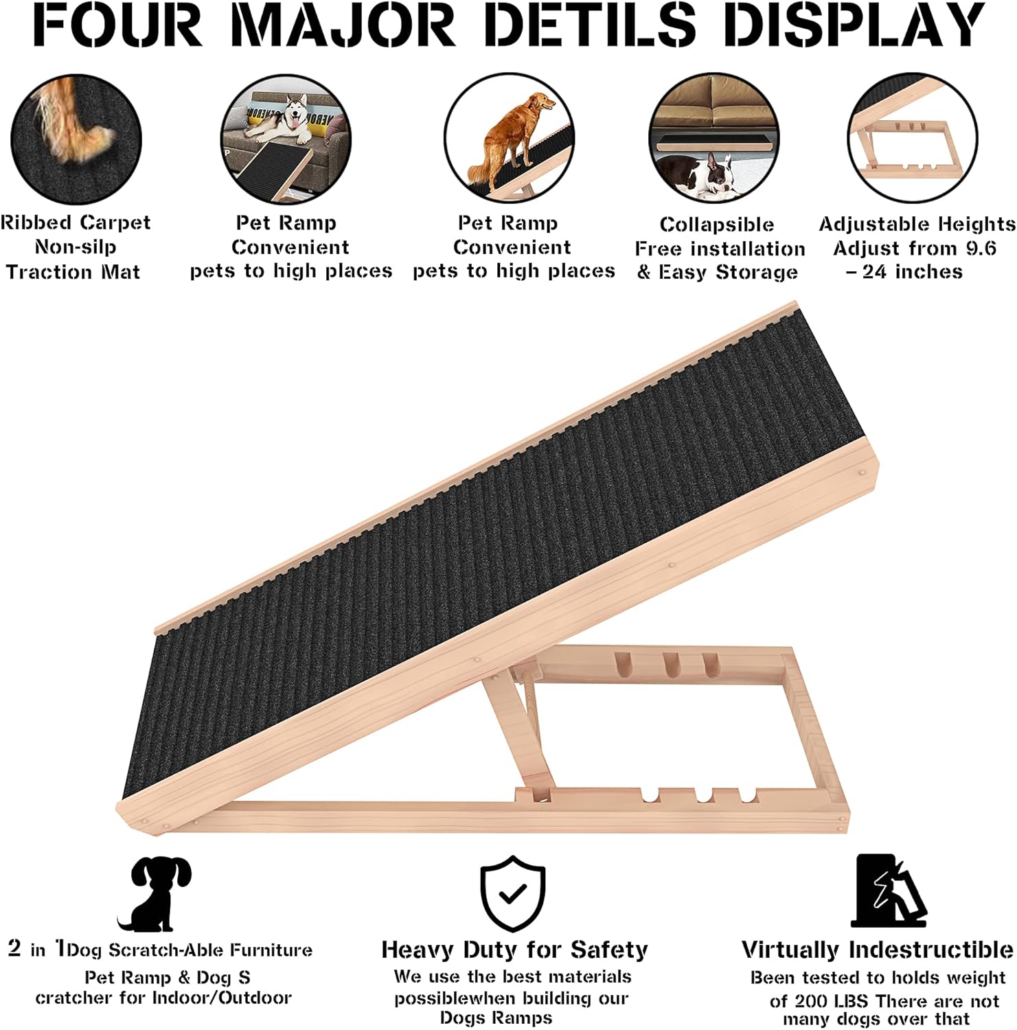 SASRL Adjustable Pet Ramp for All Dogs and Cats - Folding Portable Dog Ramp for Couch or Bed with Non Slip Carpet Surface