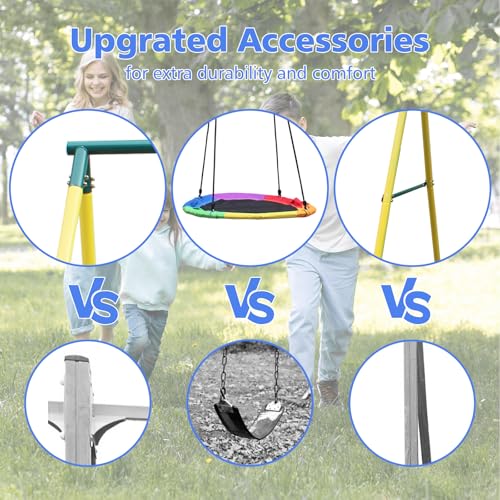 Metal Swing Sets for Backyard for Kids 3-12, 6 in 1 Swing Sets, Heavy-Duty Playground Backyard Set with 2 Swings, Glider, Climbing Ladder and Rope