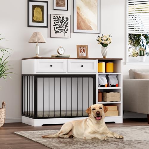 IDEALHOUSE 47” Large Dog Crate, Dog Kennel Indoor with 2 Drawers and 4 Shelves, Dog Crate Furniture TV Stand, Wooden Dog Cage for Medium Large Dogs