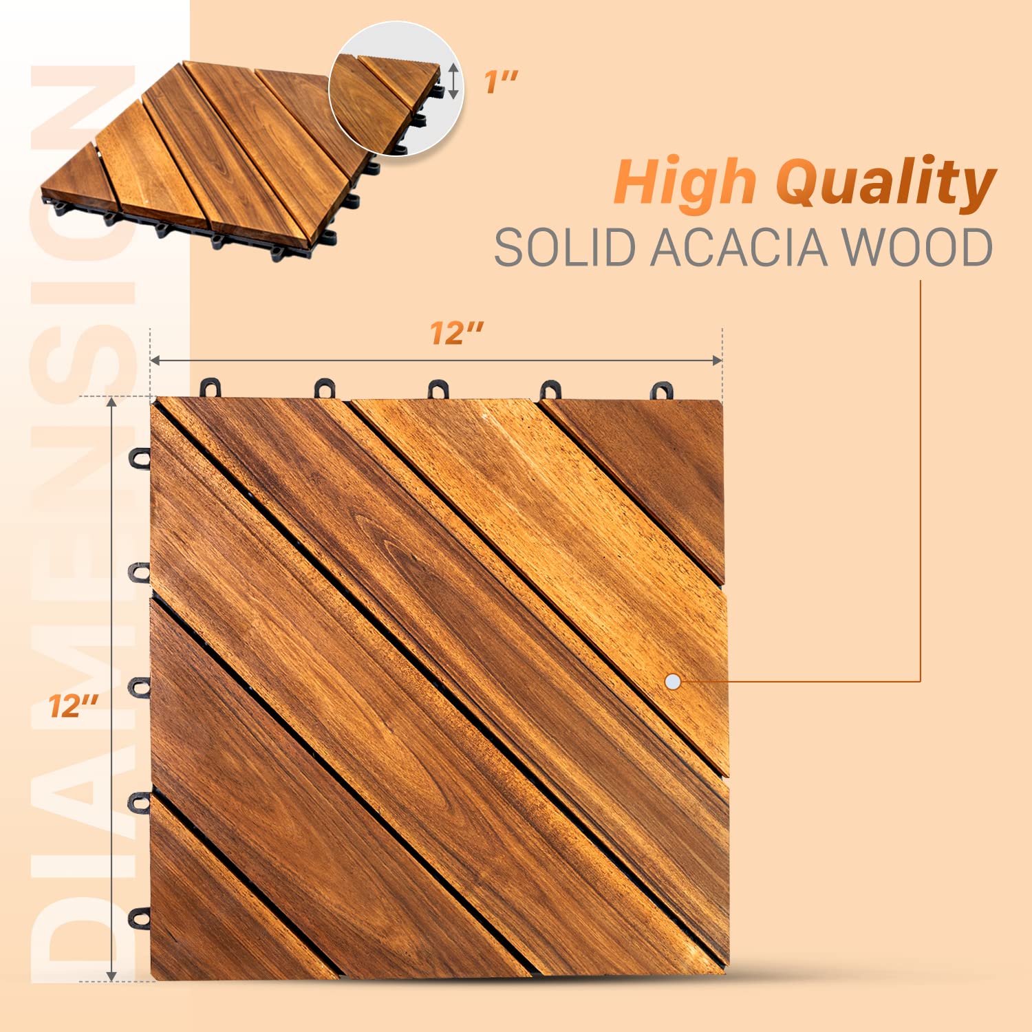 Solid Wood Interlocking Flooring Tiles (Pack of 10, 12 x 12), Acacia Deck Tiles, Floor Tiles for Both Indoor and Outdoor Use
